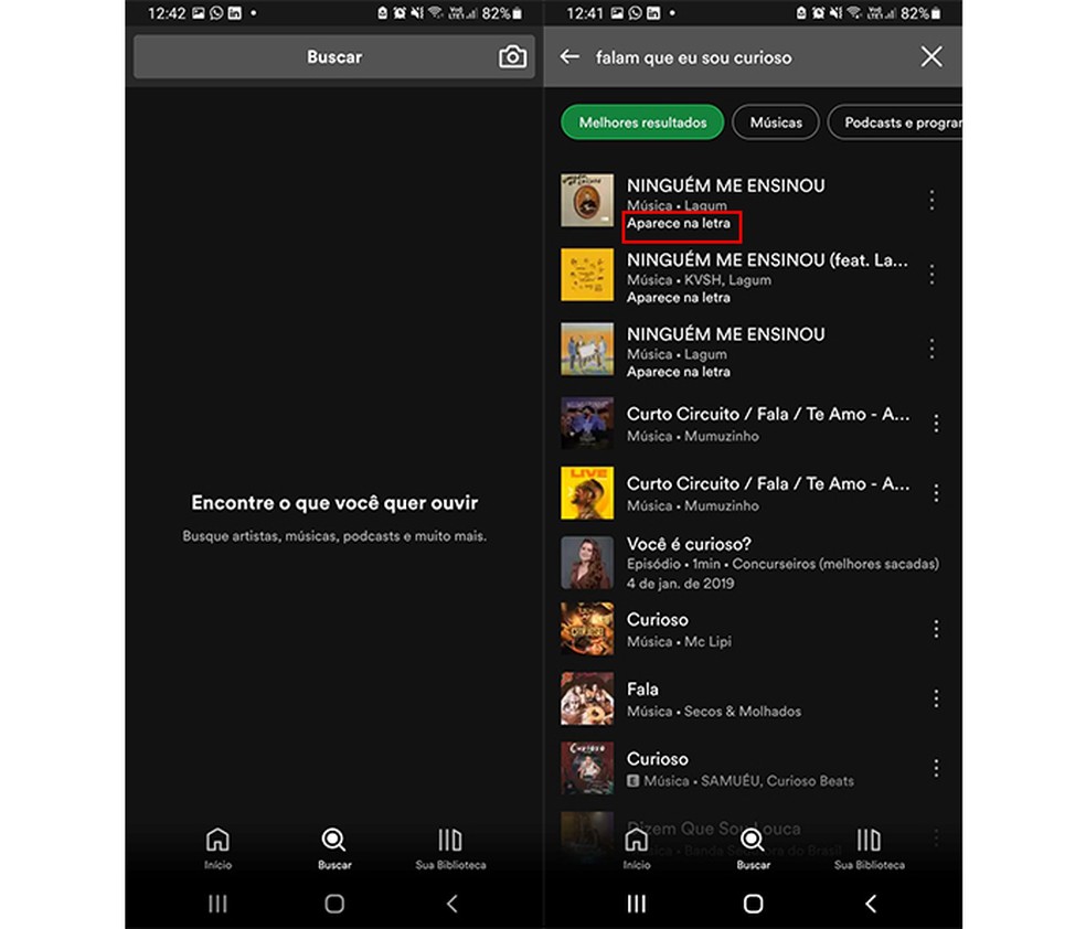 Use a barra de buscas do Spotify para digitar partes de uma música e descobrir o nome da faixa — Foto: Reprodução/Marcela Franco
