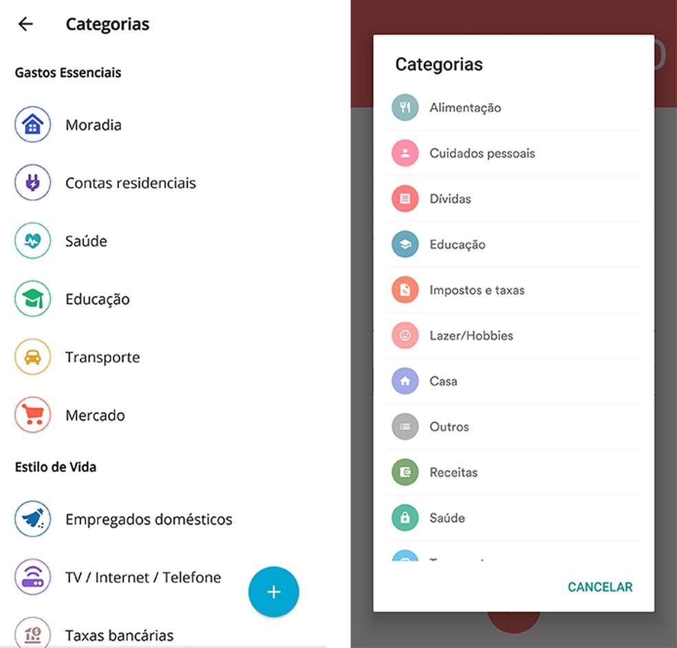 GuiaBolso (esq.) tem variedade maior de categorias de gastos para usar do que o Organizze (dir.) — Foto: Reprodução/Paulo Alves