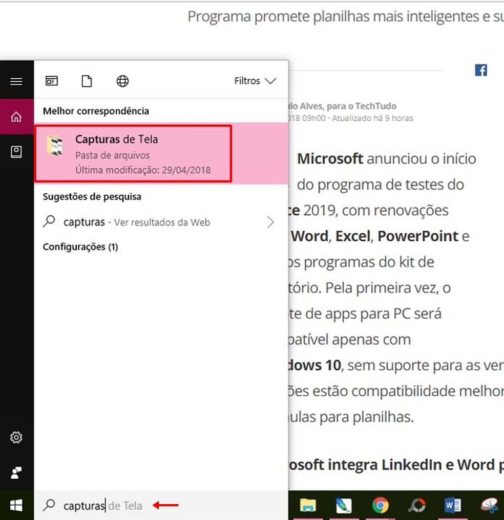 Busque por "Capturas de tela" na barra de pesquisas do Windows 10 — Foto: Reprodução/ Taysa Coelho