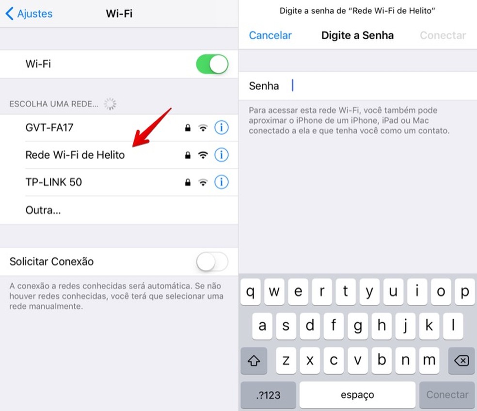 Toque sobre o nome da rede Wi-Fi no iPhone com iOS 11 — Foto: Reprodução/Helito Bijora