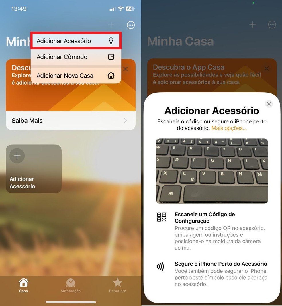 Adicionando um novo acessório ao app Casa do iPhone (iOS) — Foto: Reprodução/Clara Fabro