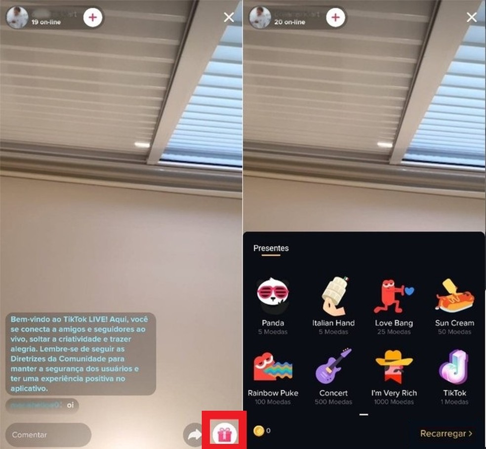 Como ganhar dinheiro com live no TikTok: presentes virtuais recebidos em transmissão ao vivo podem ser convertidos em moedas virtuais, que podem dar dinheiro real — Foto: Reprodução/Clara Fabro