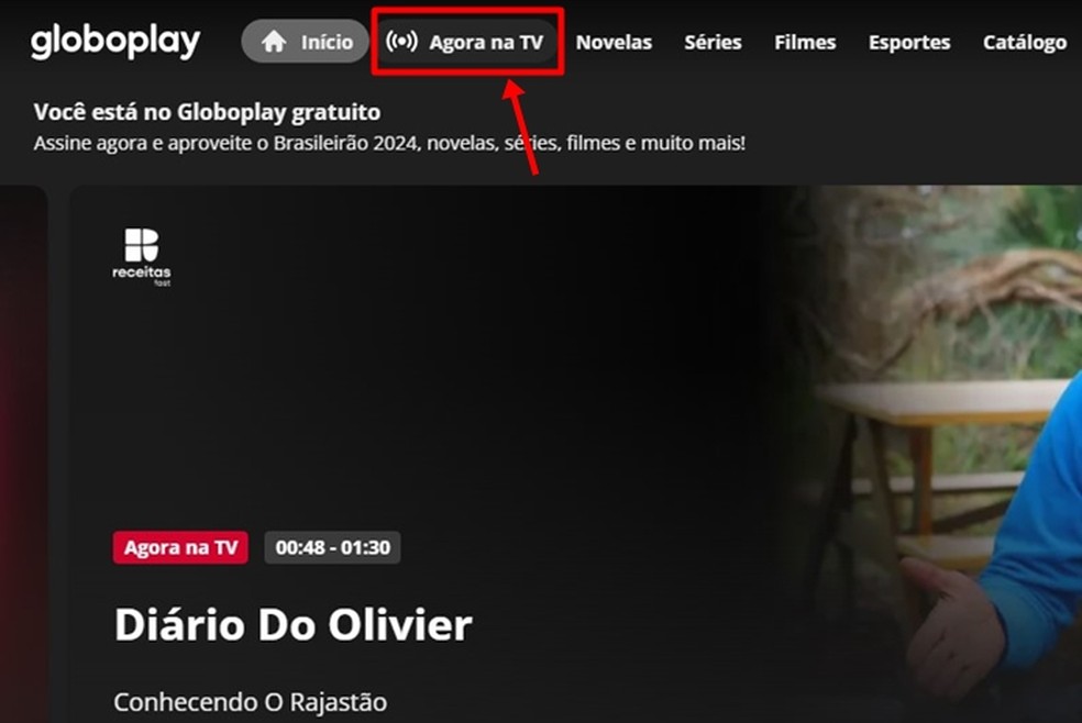 Dentro do Globoplay, é preciso acessar o menu "Agora na TV" para visualizar a transmissão de Fortaleza x Palmeiras hoje — Foto: Reprodução/Gabriela Andrade