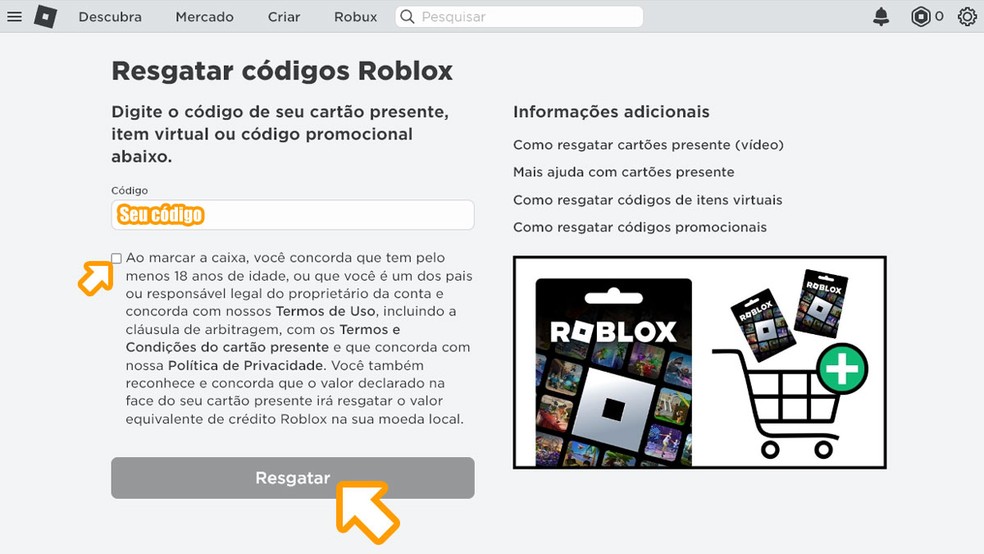 Insira seu código no campo indicado e clique em "Resgatar" para inserir o valor de seu cartão presente em Roblox — Foto: Reprodução/Rafael Monteiro