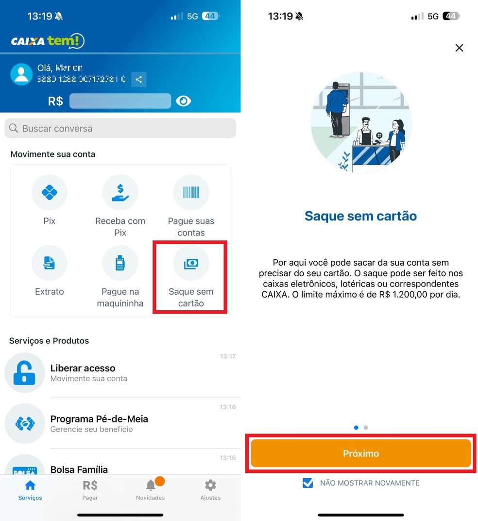 Abra o app Caixa Tem e clique sobre a opção "Saque sem cartão" — Foto: Reprodução/Clara Fabro