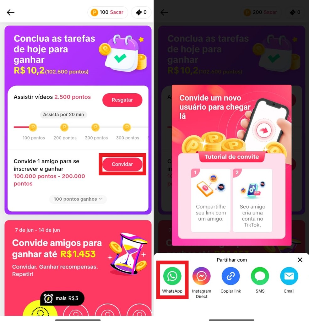 Convide amigos para o TikTok para ganhar ainda mais pontos mais promoção que dá dinheiro no app — Foto: Reprodução/Clara Fabro