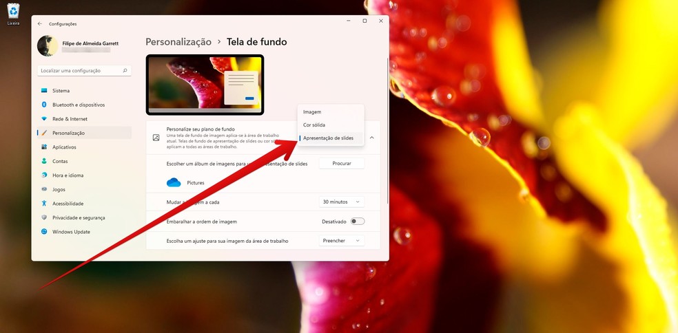 Escolha "Apresentação de slides" para determinar várias imagens como papeis de parede no Windows 11 — Foto: Reprodução/Filipe Garrett