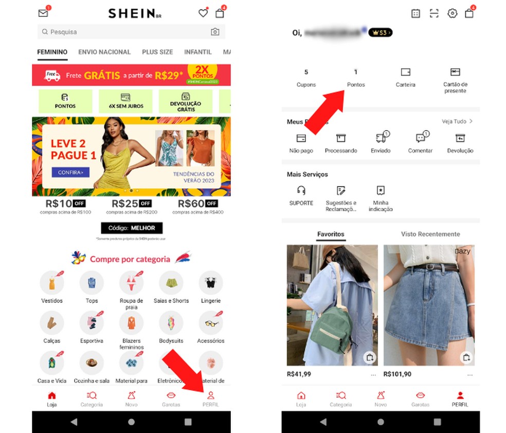 Para fazer check-in no app da Shein, o primeiro passo é acessar o seu perfil — Foto: Reprodução/Mariana Tralback