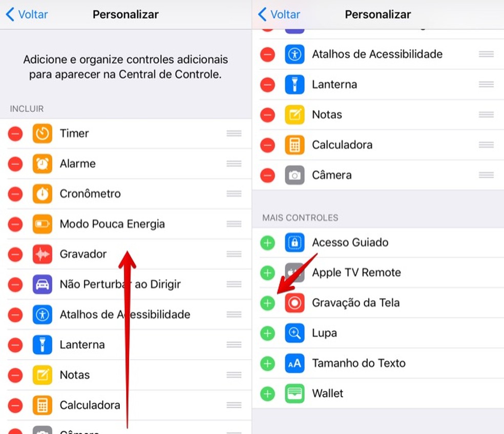 Adicionando atalho para o gravador de tela no iOS 11 — Foto: Reprodução/Helito Bijora