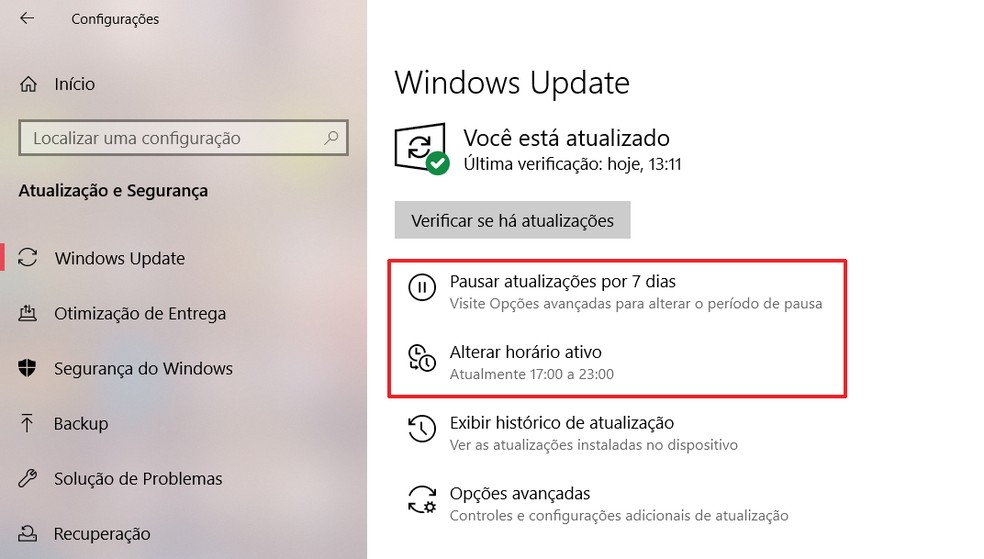 Alterar horário ativo do PC e pausar updates temporariamente são alternativas para adiar atualizações automáticas do Windows 10 — Foto: Reprodução/Ana Letícia Loubak