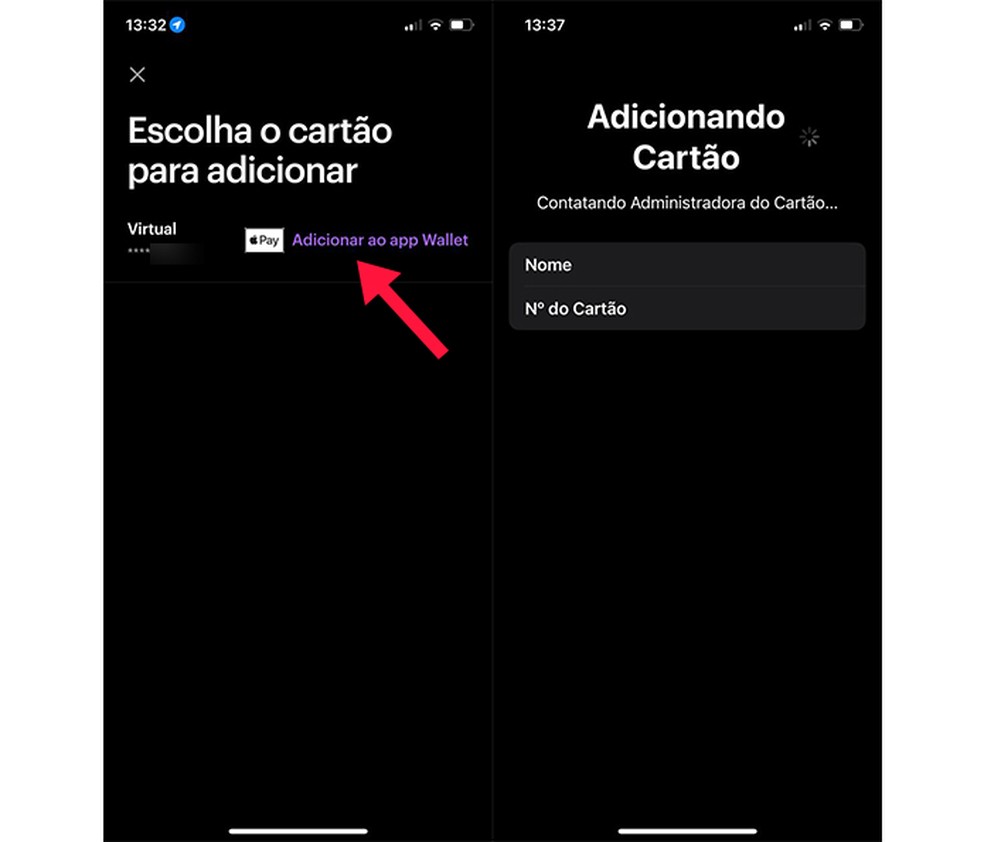 Ação para adicionar cartão virtual ao app Wallet do iPhone — Foto: Reprodução/Marcela Franco