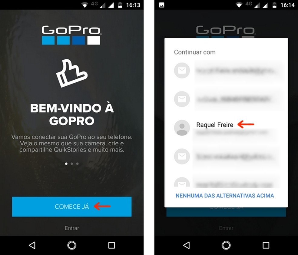 Primeiro acesso ao aplicativo para celular da GoPro — Foto: Reprodução/Raquel Freire