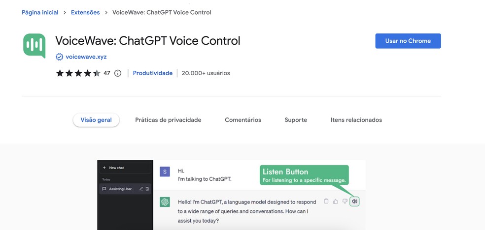 Página da extensão Voice IWave na Chrome Web Store  — Foto: Reprodução/Gabrielle Garcia