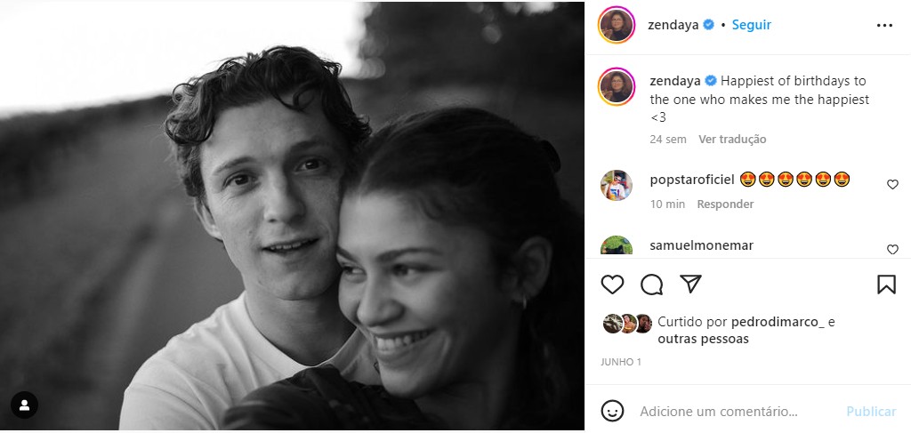 A sétima foto mais curtida da rede é a de Zendaya desejando feliz aniversário a Tom Holland, seu namorado.  — Foto: Reprodução/Instagram