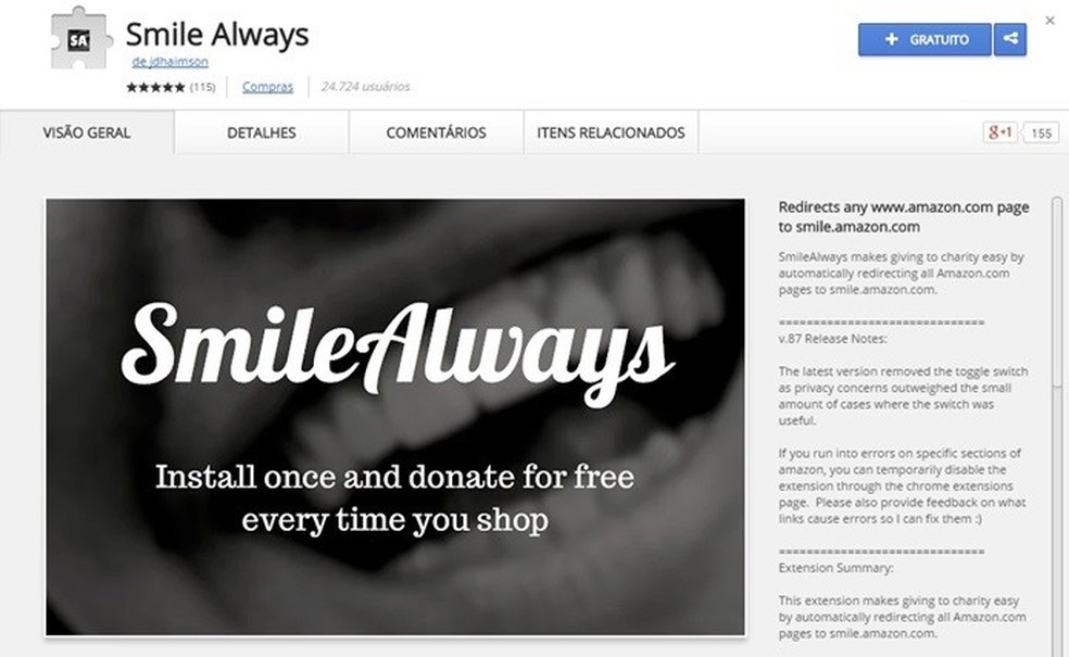 SmileAlways redireciona links da Amazon para AmazonSmile (Foto: Reprodução/Chrome Web Store) — Foto: TechTudo