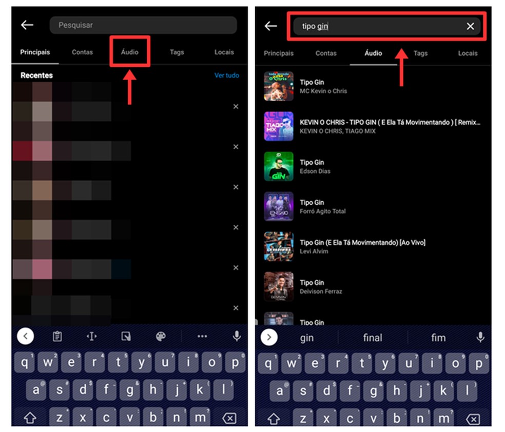 Áudios para Reels: entre na nova aba de áudios para buscar um nome — Foto: Reprodução/Gabriela Andrade