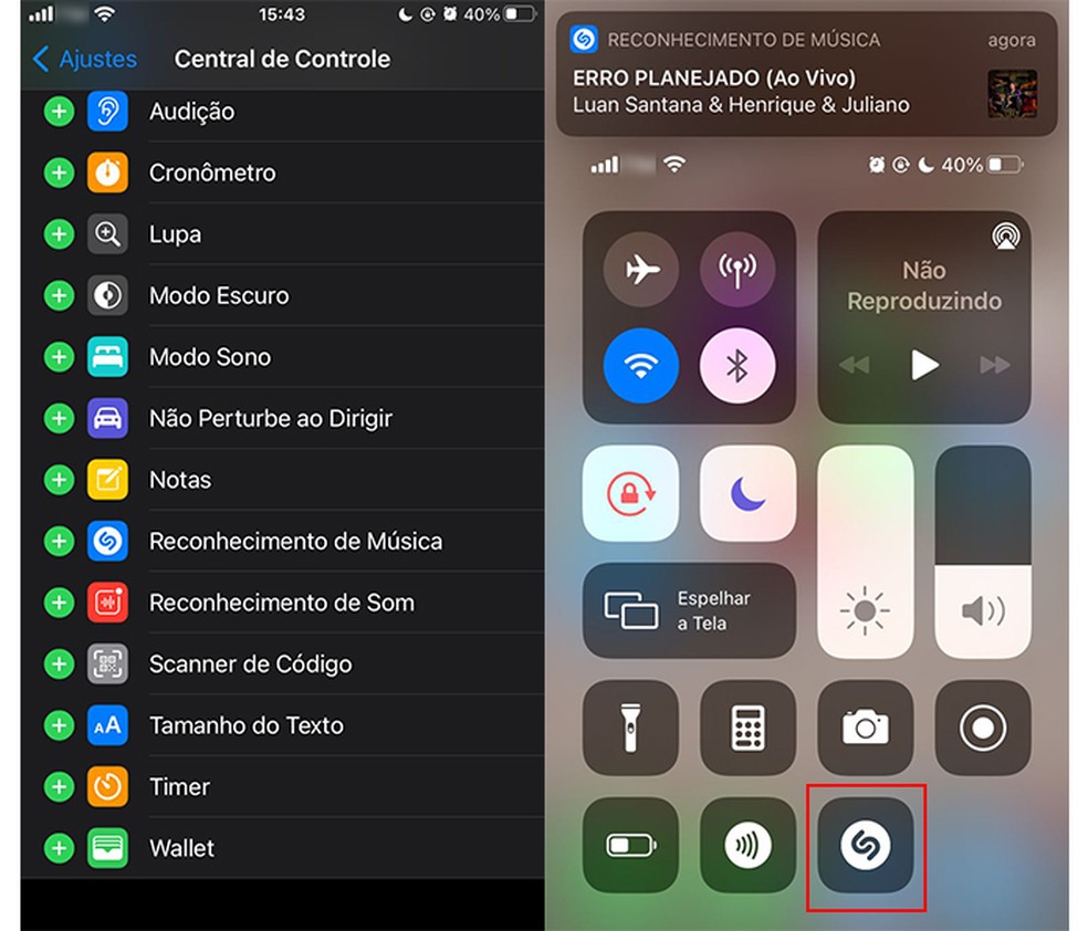 Botão do Shazam na Central de Controle do iPhone — Foto: Reprodução/Marcela Franco