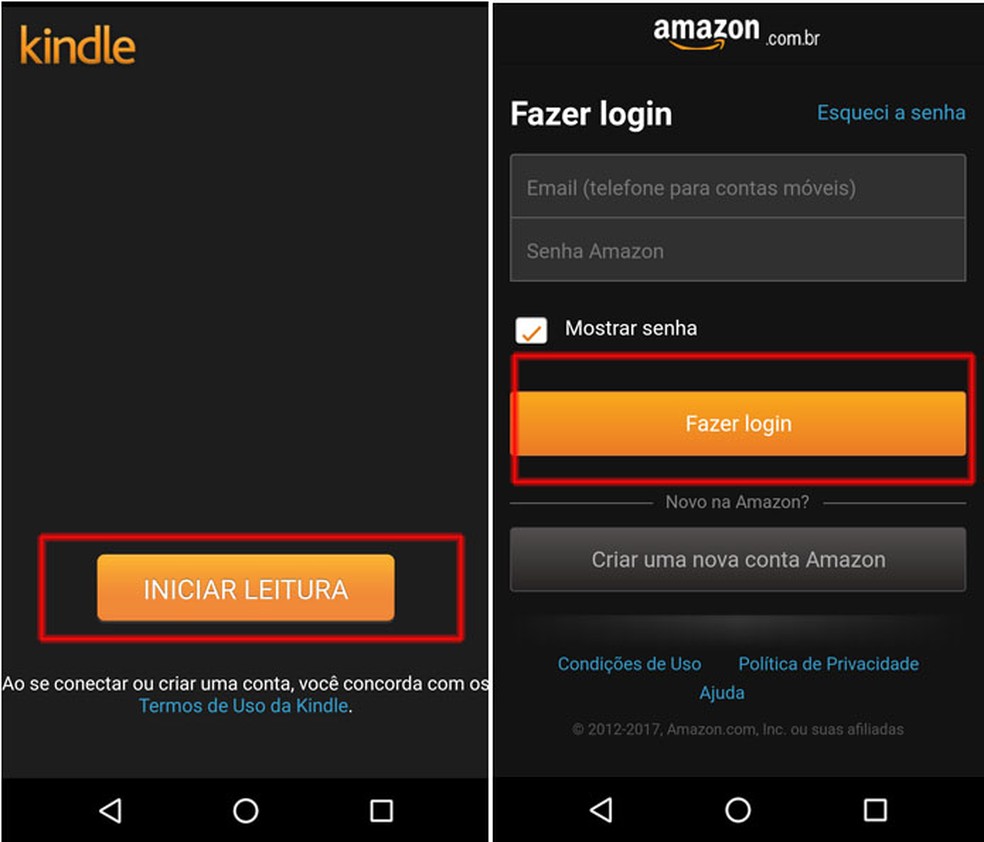 Insira seu login e senha Amazon no app Kindle — Foto: Reprodução/ Taysa Coelho