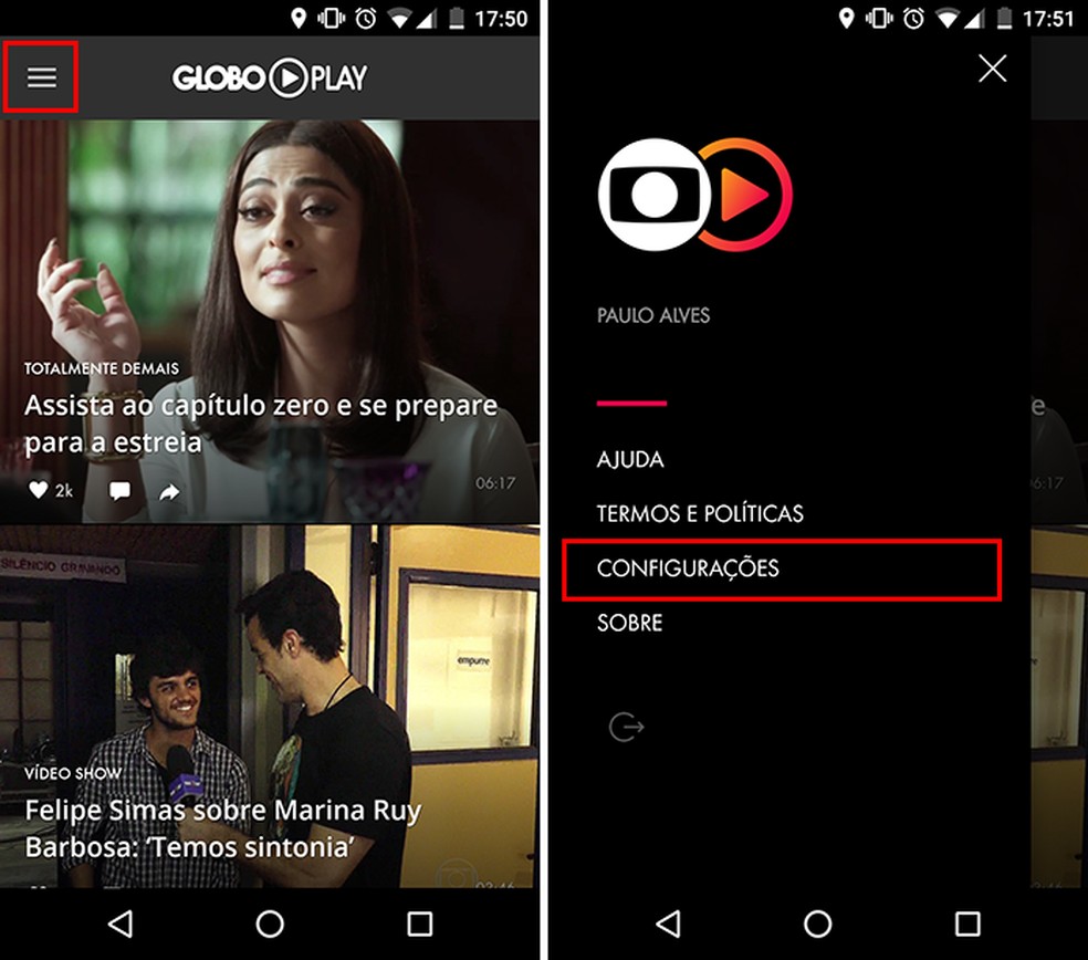 Abra o menu lateral do Globo Play para Android e acesse as configurações (Foto: Reprodução/Paulo Alves) — Foto: TechTudo