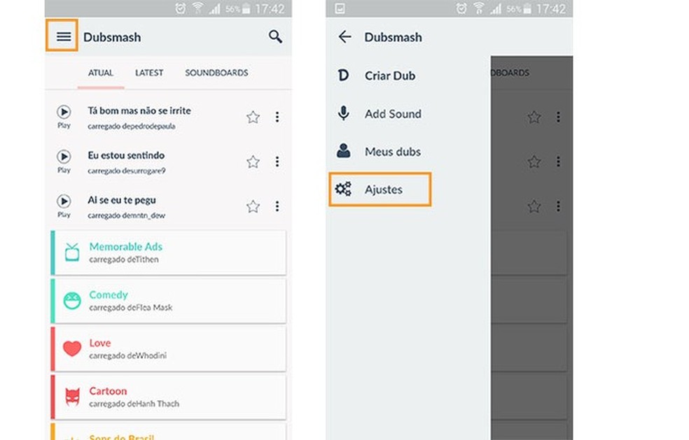 Acesse as configurações de ajustes do Dubsmash (Foto: Reprodução/Barbara Mannara) — Foto: TechTudo