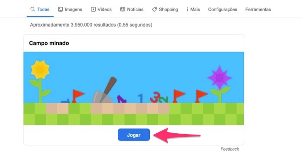 Ação para iniciar a plataforma de configuração do game Campo Minado do Google — Foto: Reprodução/Marvin Costa