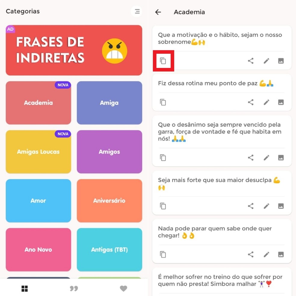 Legendas para Fotos e Frases está disponível na Play Store e possui várias frases para usar como legendas em fotos  — Foto: Reprodução/Clara Fabro