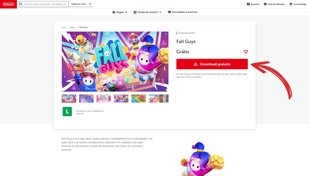 A página de Fall Guys no Nintendo Switch já está disponível e indica o download gratuito ao usuário — Foto: Reprodução/Bruno Magalhães