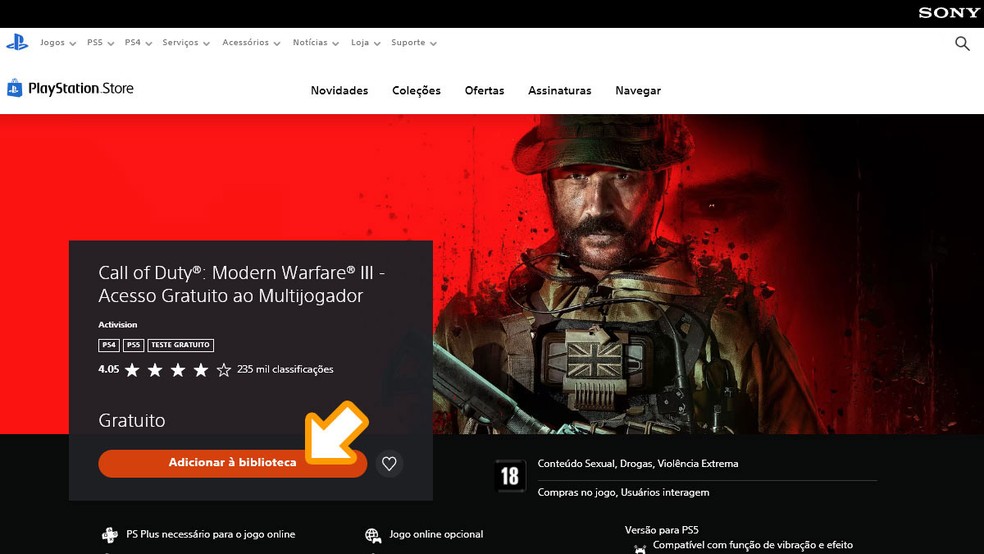 Na página de Call of Duty: Modern Warfare 3 - Acesso Gratuito ao Multijogador clique em "Adicionar à biblioteca" para poder baixar o jogo — Foto: Reprodução/Rafael Monteiro