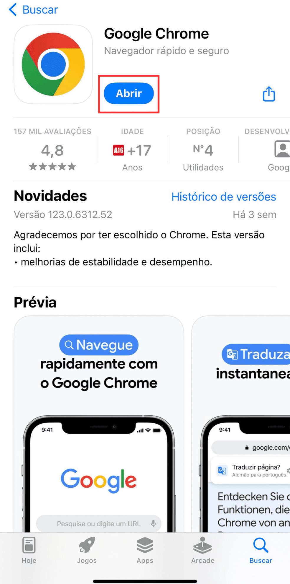 Tela para atualizar o Google Chrome no iPhone — Foto: Reprodução/Bruno Guerra