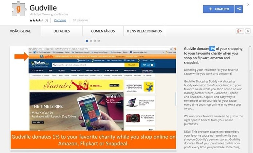 Gudville reverte 1% do valor das compras feitas na Amazon, Snapdeal e Flipkart para caridade (Foto: Reprodução/Chrome Web Store) — Foto: TechTudo