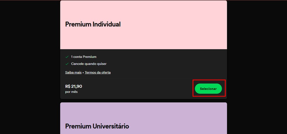 Escolha o plano desejado e clique em "Selecionar". Depois, siga as instruções do site para mudar o plano do Spotify — Foto: Reprodução/Carolina Torres