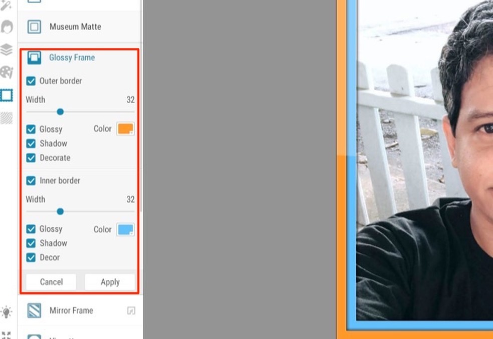 Ação para aplicar uma borda em imagens editadas pelo site iPiccy — Foto: Reprodução/Marvin Costa