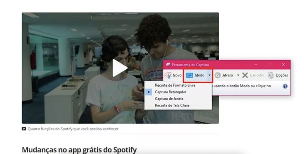 Escolha o modo de captura de tela na Ferramenta de Captura do Windows 10 — Foto: Reprodução/Taysa Coelho