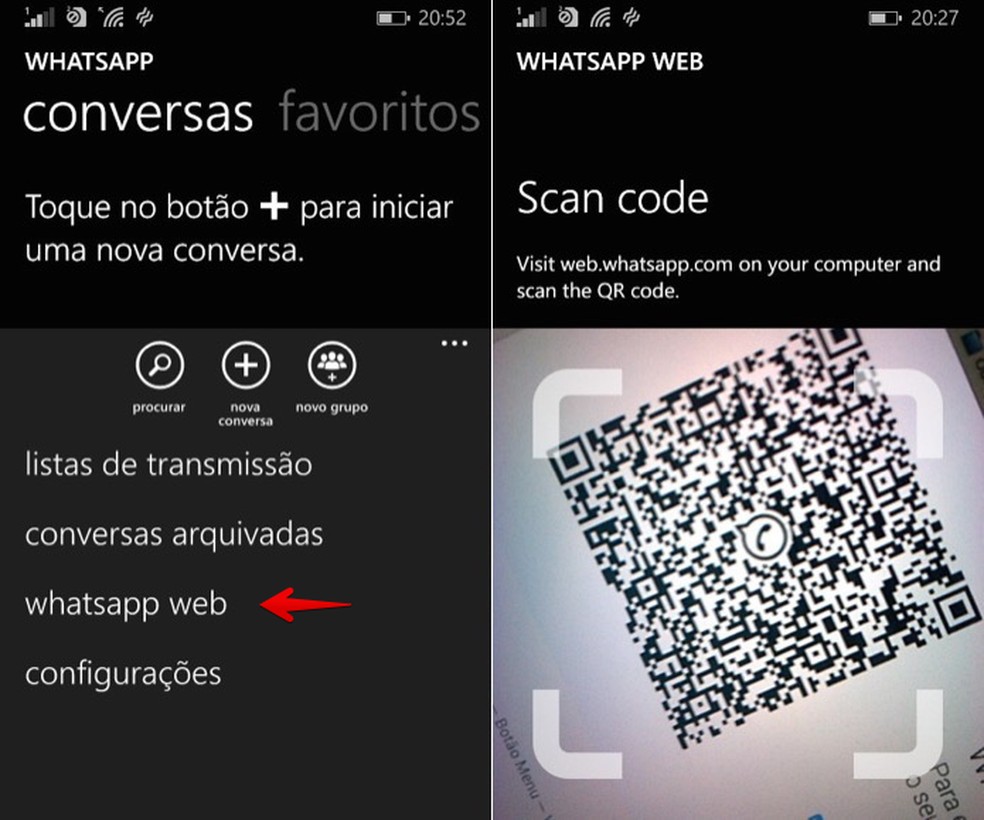 Ativando o WhatsApp Web no Windows Phone (Foto: Reprodução/Helito Bijora) — Foto: TechTudo