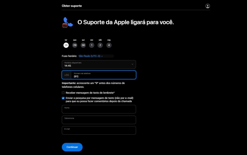 Página de suporte em site da Apple permite agendar ligações com técnico — Foto: Reprodução/Apple