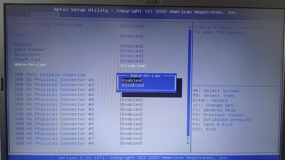 Configuração do Wake on LAN na BIOS para ligar o PC com a Alexa — Foto: Jonathan Lamim/TechTudo