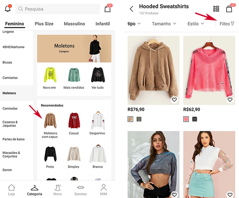 Shein: roupa pode ser buscada com filtros — Foto: Reprodução/Marcela Franco