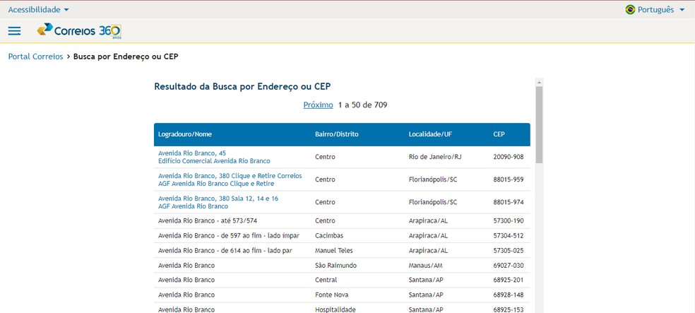 O Busca CEP informa uma lista de logradouros a partir do endereço indicado, com o CEP de cada um — Foto: Reprodução/Carolina Torres