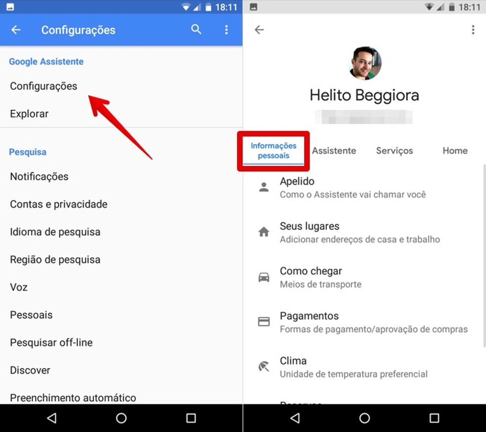 Ajuste suas informações pessoais na Google Assistente — Foto: Reprodução/Helito Beggiora