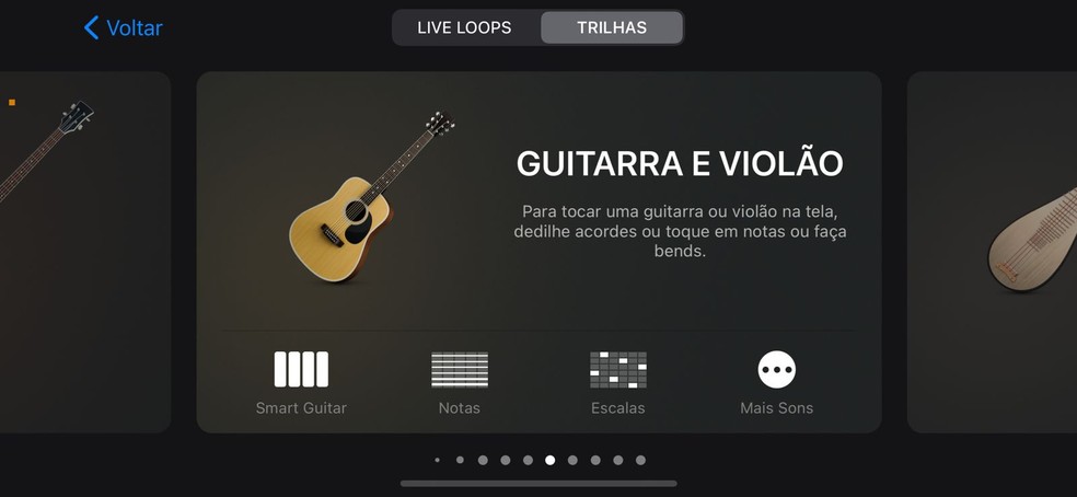 Selecionando um instrumento no GarageBand no iPhone (iOS) — Foto: Reprodução/Clara Fabro