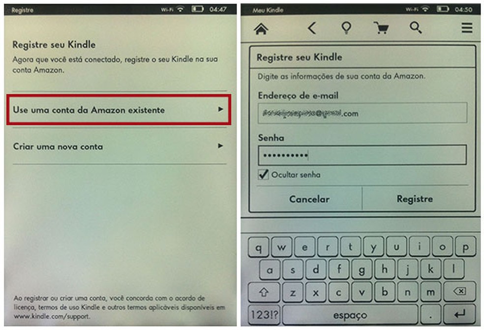 Para utilizar os serviços da Amazon para o Kindle, é necessário registrá-lo — Foto: Reprodução / Daniel Pinto