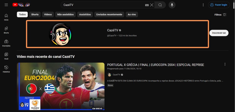 'Onde assistir à Eurocopa 2024?' Busque por 'CazéTV' no YouTube para encontrar o canal do streamer — Foto: Reprodução/Róbson Martins