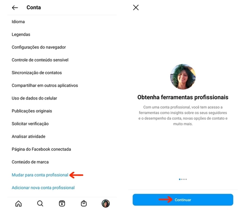 Mudança de conta do Instagram de pessoal para comercial  — Foto: Reprodução/Raquel Freire