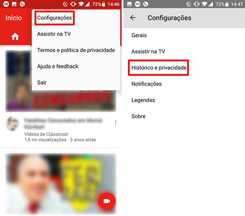 Acesse as opções de histórico do YouTube para Android — Foto: Reprodução/Elson de Souza