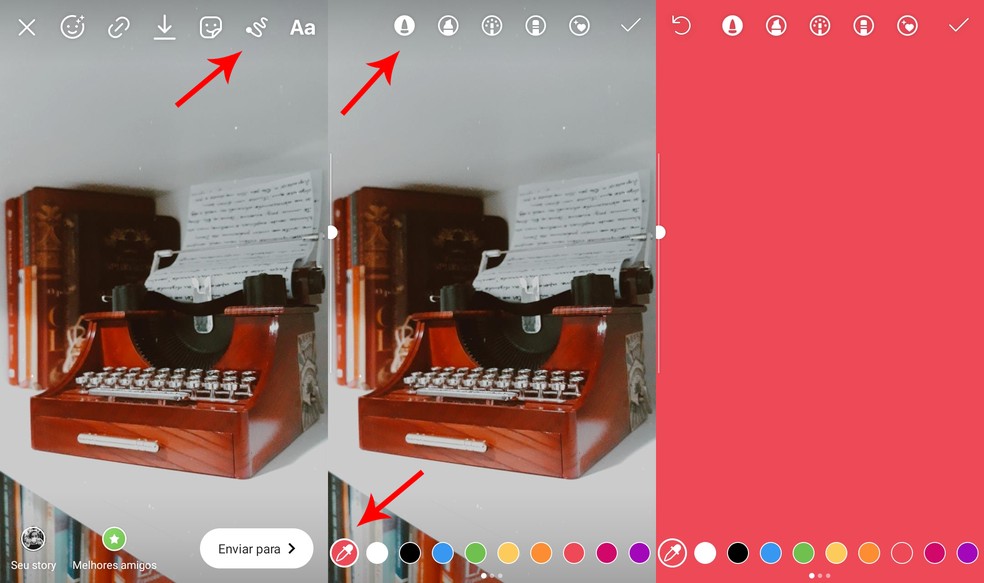 Truque com pincel do Instagram Stories permite pintar o fundo da foto de uma só vez — Foto: Reprodução/Ana Letícia Loubak