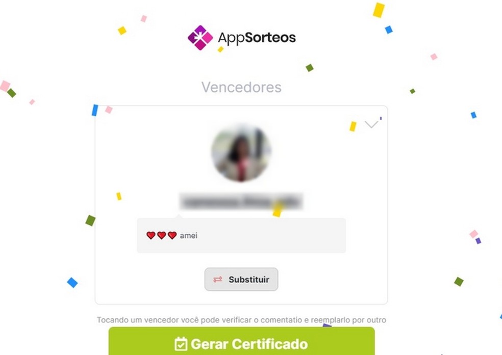 AppSorteos gera certificado do vencedor em versões para feed e Stories — Foto: Reprodução/Raquel Freire