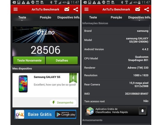 Benchmark do Galaxy S5 via AnTuTU