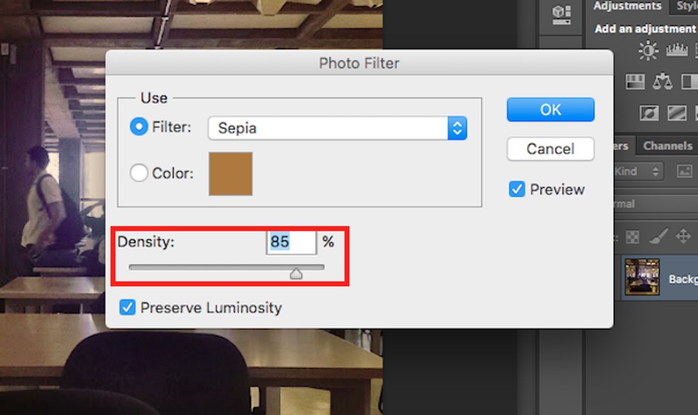 Ação para ajustar a intensidade de um filtro de imagem no Adobe Photoshop — Foto: Reprodução/Marvin Costa