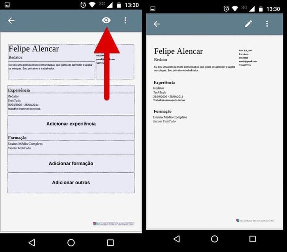 Visualizando como ficou o seu currículo (Foto: Felipe Alencar/TechTudo) — Foto: TechTudo