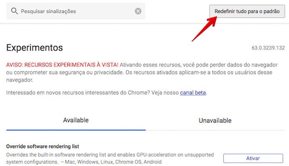 Redefinindo ajustes de recursos experimentais no Chrome — Foto: Reprodução/Helito Bijora